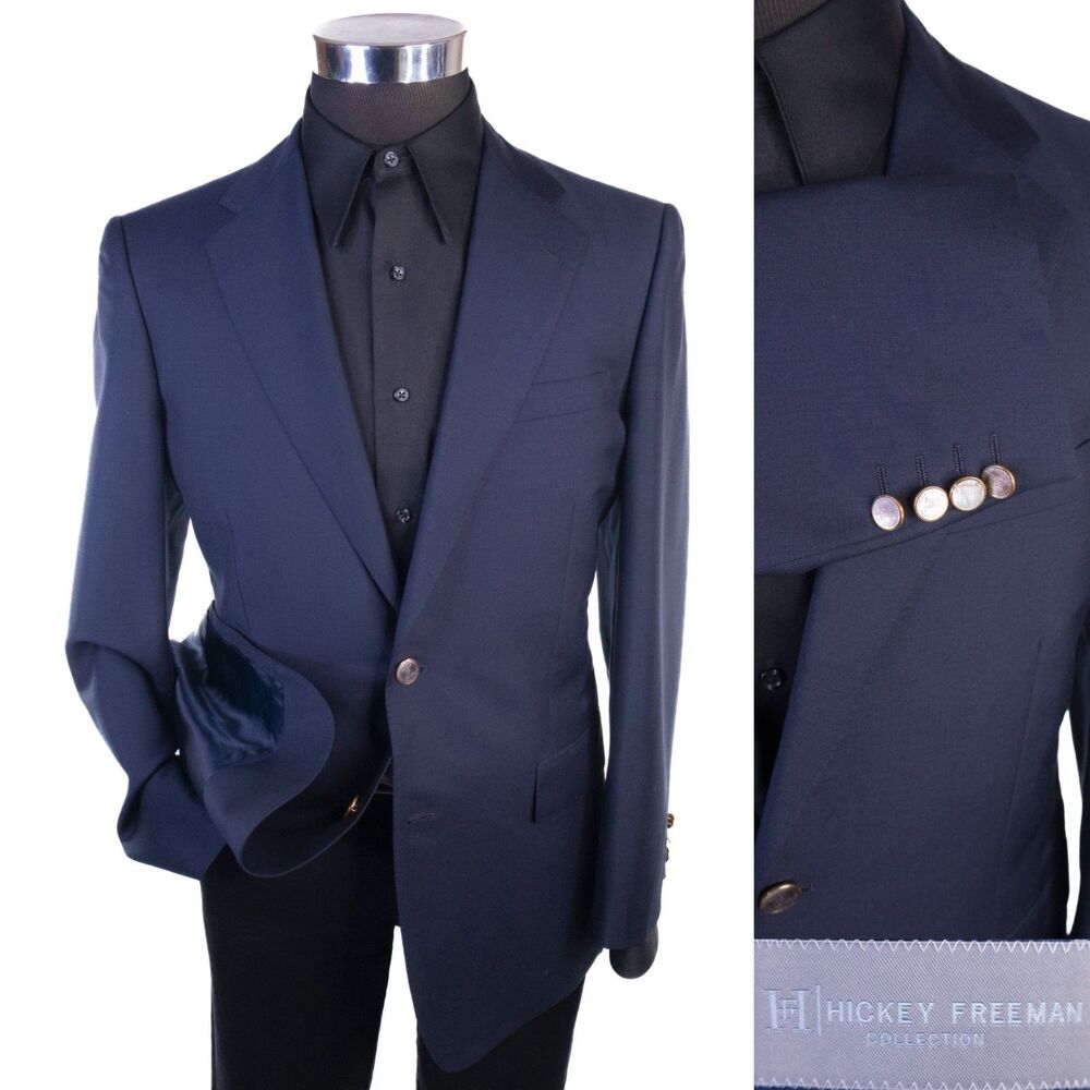 Hickey Freeman Blazer Spor Coat Sz 40S Solid Navy Blue Gold Buttons Jacket EUC
